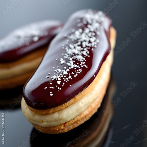 Gourmet chocolate éclairs on dark background eclair pastry