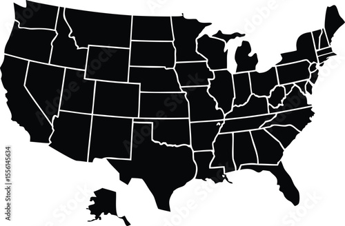 Silhouette vector map of the United States with individual state borders shown