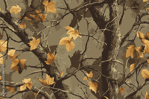 Hunting camouflage modern pattern, vector military print. real tree forest camouflage seamless pattern. Forest leaves vector camouflage background