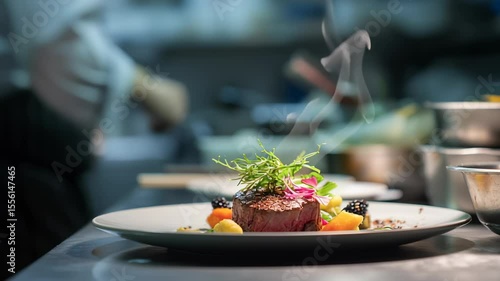 Gourmet Chef Plates Exquisite Meal with Precision - Medium Shot of Culinary Artistry in Restaurant Kitchen