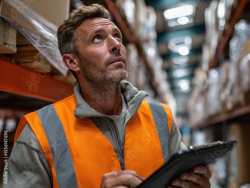 Warehouse Inspection: A focused warehouse worker, donning a safety vest, conducts a meticulous inventory check with clipboard in hand, highlighting the diligence in supply chain management.