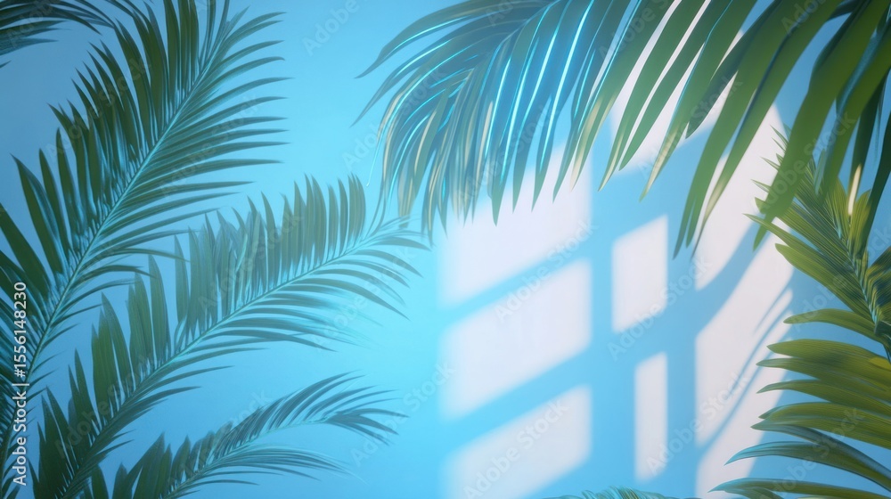 Fototapeta premium Tropical foliage framing a sunlit wall