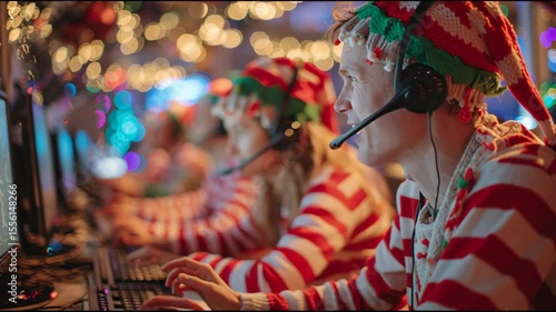 A group of male elves engaged in an online gaming event is dressed in colorful holiday costumes. The lively atmosphere features bright lights and cheerful decorations, enhancing the festive spirit