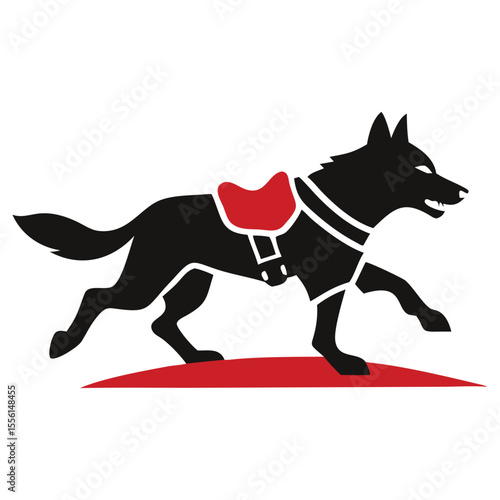 A black wolf wearing a red saddle is stepping on a red mark