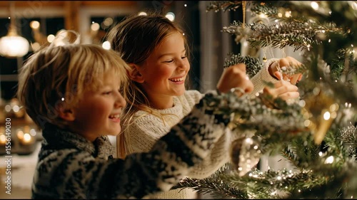 Two kids joyfully add ornaments to a beautifully lit Christmas tree in a cozy living room. The warm atmosphere is filled with holiday spirit and cheer as they celebrate together