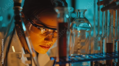Scientist Working in Lab: Medium Shot of Female Researcher Analyzing Data, Wearing Lab Coat & Safety Glasses, Performing Experiment