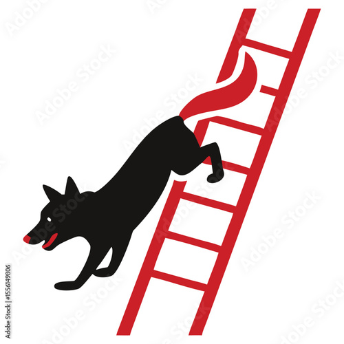 A black canine with red tail is descending a bright red ladder quickly