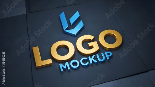 A logo mockup featuring a blue icon and golden logo with blue mockup text on a dark surface