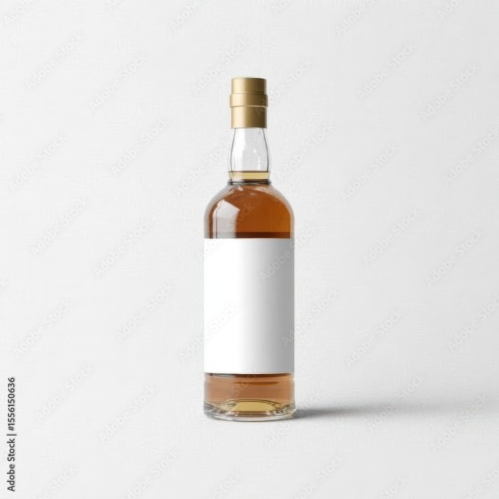 Empty amber glass bottle with a wide blank white label, no text or logo, gold cap, standing upright, front view, on a smooth light gray background, soft shadow, minimalist studio lighting Empty amber glass bottle with a wide blank white label, no text or logo, gold cap, standing upright, front view, on a smooth light gray background, soft shadow, minimalist studio lighting