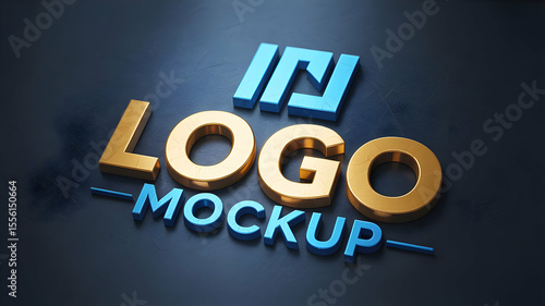 Golden logo mockup with blue letters on a dark gray surface displaying brand identity design concept