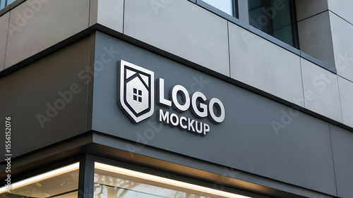 Silver logo mockup with a house icon attached to a gray building exterior wall corner view from below
