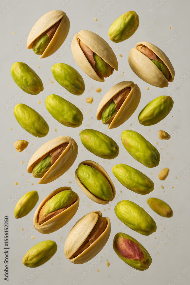 An array of green pistachios, some shelled and some whole, are suspended against a light background, appearing fresh and ready to eat An array of green pistachios, some shelled and some whole, are suspended against a light background, appearing fresh and ready to eat