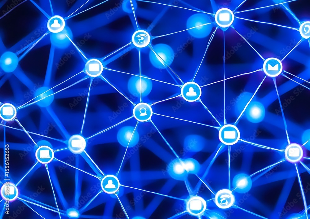 Futuristic blue digital network with glowing connections and icons representing technology, communication, and data sharing Futuristic blue digital network with glowing connections and icons representing technology, communication, and data sharing
