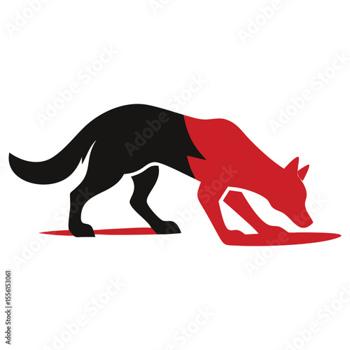 Stylized fox is depicted in black and red hues while sniffing with a transparent background