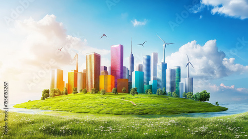 Urban sustainability initiative eco-friendly cityscape future innovations nature integration vibrant environment aerial view