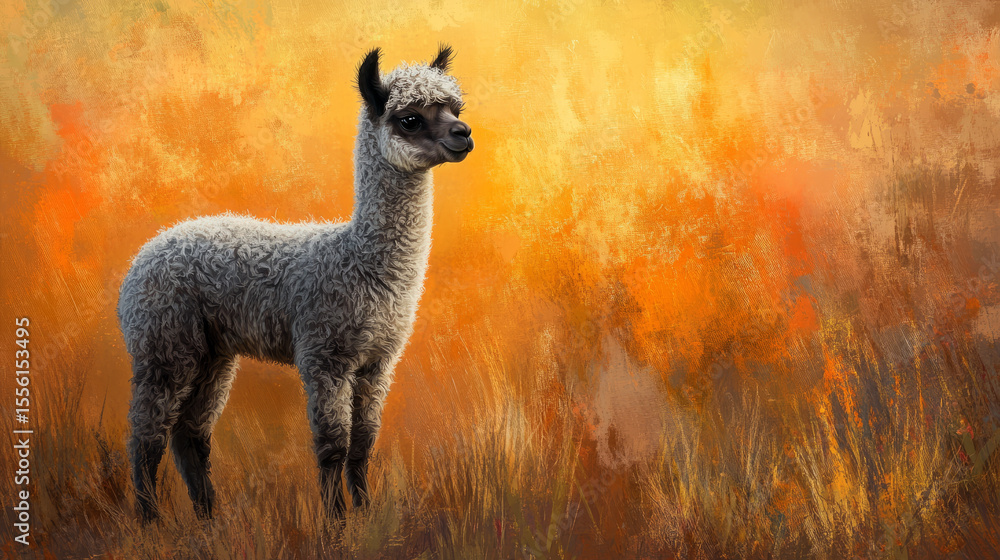 Fototapeta premium Llama portrait in a vibrant autumn landscape nature photography outdoor scene side view wildlife concept