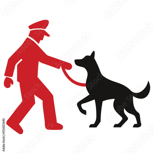 Red silhouette of uniformed official walks black dog on leash in simple style