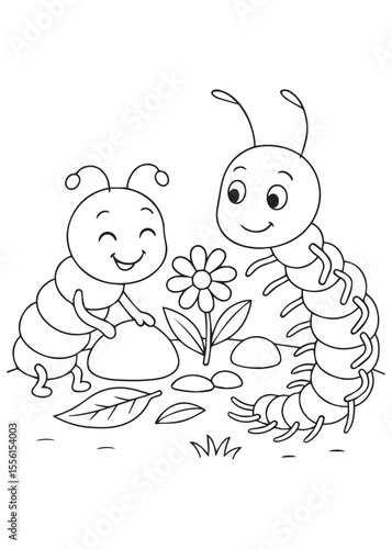 Coloring book page of a millipede showing a flower to a friend.