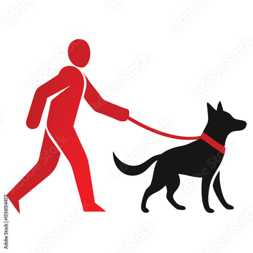 Simplified red figure walks a black dog with a red leash on white background