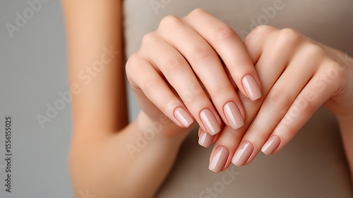 Elegant and Neat Manicure Displaying Soft Nude Polish on Female Hands Perfect for Beauty and Fashion Themes