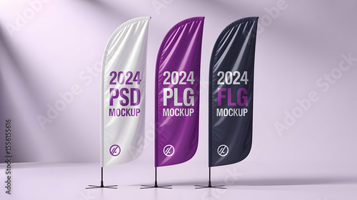 Three feather flags mockup displaying different colors in a studio setting with soft lighting