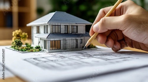 Architect Hand Drawing House Plan with Pencil near Miniature Model for Visualization