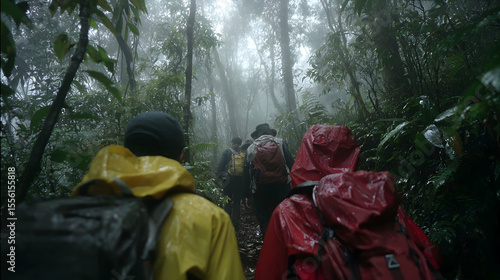 Hikers in Rain, Tropical Rainforest Trekking