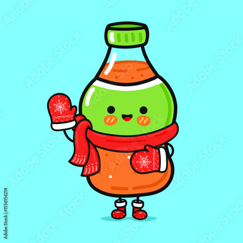 An adorable cartoon juice bottle with a scarf and mittens smiles.