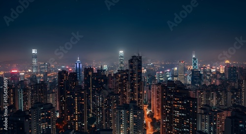 Night cityscape featuring numerous skyscrapers with illuminated windows under a dark sky