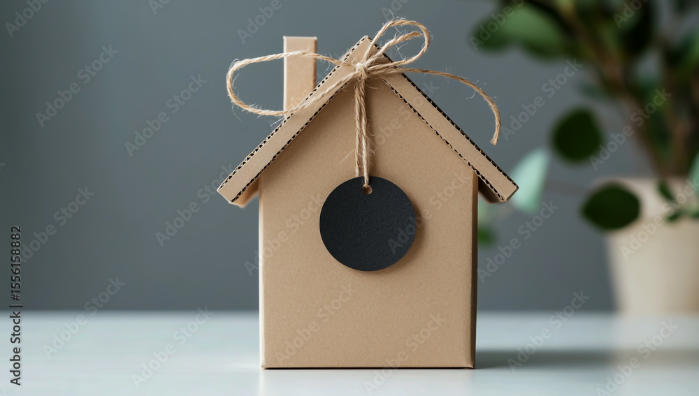 A house-shaped kraft paper gift box, with a round black label on top and secured with two brown twine strings at the top, sits on a smooth, elegant white table surface. A house-shaped kraft paper gift box, with a round black label on top and secured with two brown twine strings at the top, sits on a smooth, elegant white table surface.