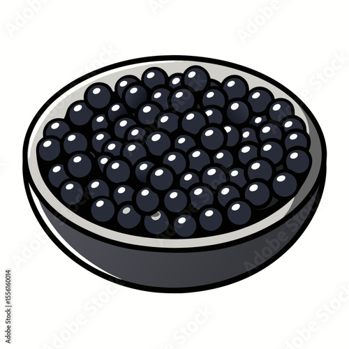 Illustration of a bowl of black caviar a luxury food item associated with wealth and fine dining presented in a simple cartoon style with bold