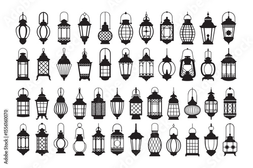 Vintage Lantern Silhouette Icons Collection Set