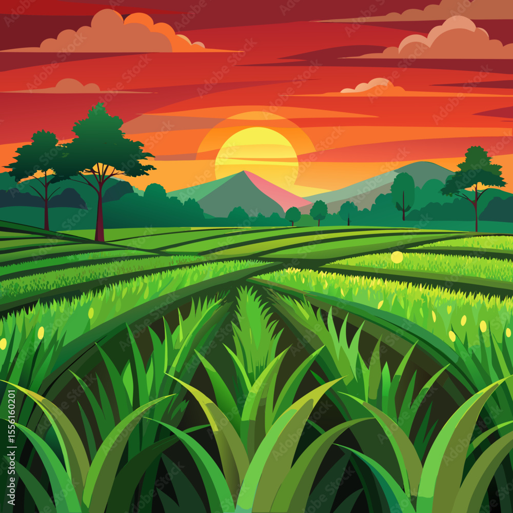 Obraz premium Lush Green Rice Terraces at Sunset with Mountains and Trees a Serene and Peaceful Landscape Providing a Sense of Calm and Tranquility in Nature Vector