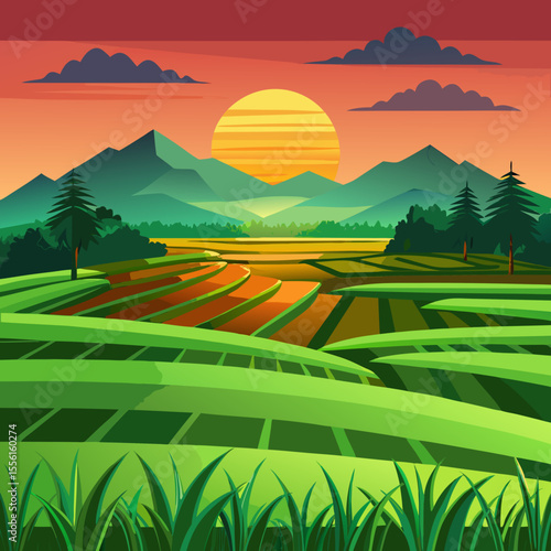 Serene Rice Terraces at Sunset A Vector Illustration of a Beautiful Landscape with Mountains Fields and a Vibrant Sky Perfect for Travel and Nature Related