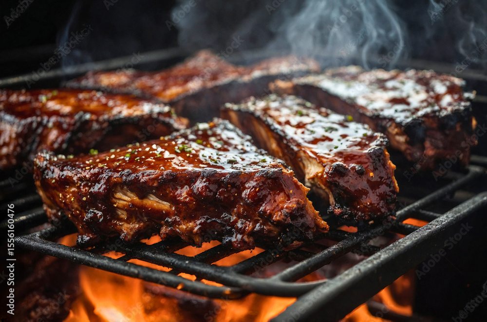 close-up of juicy bbq ribs in a smoker close-up of juicy bbq ribs in a smoker
