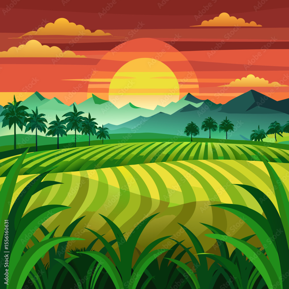 Obraz premium Vibrant Tropical Farm Landscape at Sunset with Palm Trees Rolling Fields and Distant Mountains a Serene and Colorful Vector Illustration of Agricultural Beauty