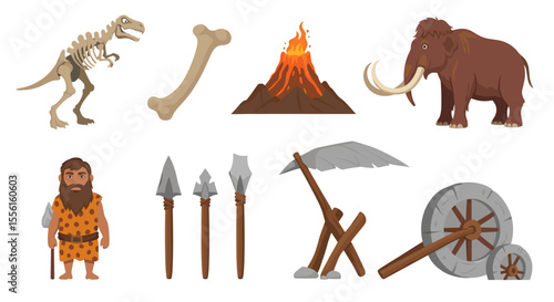 Illustration showing a caveman with tools, dinosaur skeleton, mammoth and volcano scene