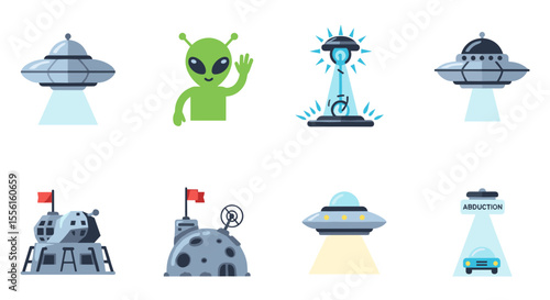 Illustration showcasing ufo spaceships, alien, teleportation device and moon bases design