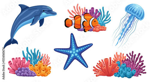 Illustration of a dolphin, clownfish, jellyfish, starfish and coral reef elements