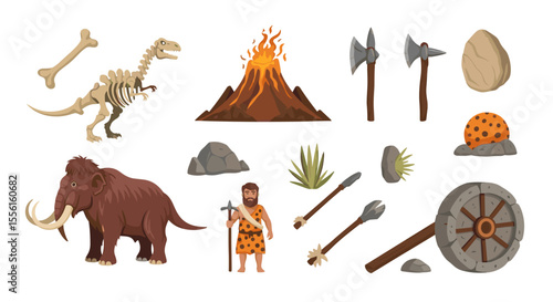 Illustration depicting prehistoric elements including a caveman mammoth and volcano scene