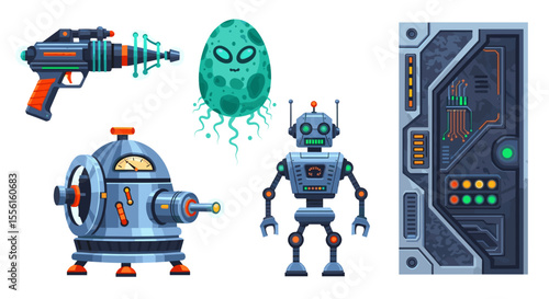 Illustration showcasing a ray gun, a friendly alien, two robots, and a control panel