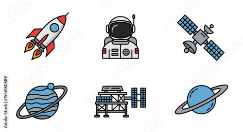 Illustration of a rocket, astronaut, satellite, planets, and space station elements