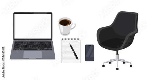 Overhead view of a laptop, coffee mug, notebook, phone, and chair on a white surface
