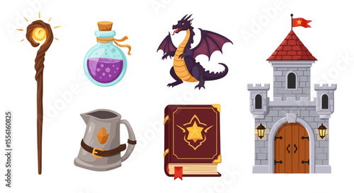 Illustration featuring a magic staff, potion, dragon, pitcher, book, and a castle tower
