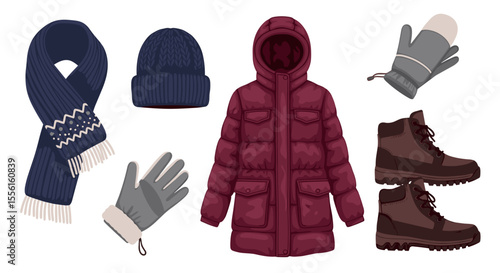 Illustration of winter clothing including a scarf hat coat gloves mittens and boots