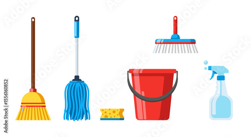 Illustration of cleaning supplies including a broom mop bucket sponge and spray bottle