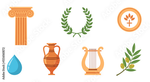 Illustration showcasing ancient greek elements including column, wreath, and amphora vase