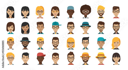 Collection of diverse cartoon avatar faces with various hairstyles and accessories