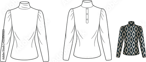 Women’s turtleneck top flat sketch, long sleeve technical drawing, front and back view, digital fashion design, patterned top illustration

 flat vector illustration