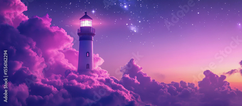 A majestic lighthouse floating in the sky, covered in vibrant pink and purple clouds, is set against the backdrop of a deep starry night with twinkling stars and a mysterious atmosphere.